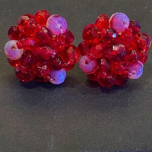 Western Germany Red and Pink Beaded Cluster Earrings. Clip Backs